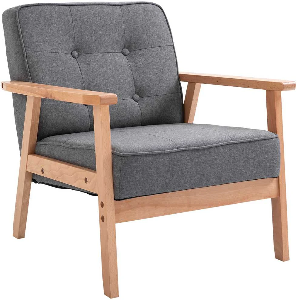 HOMCOM viengubas sofa-lovelis, minkštas fotelis su porankiais, medinis rėmas, linas, pilkas, 64,5x70x74cm