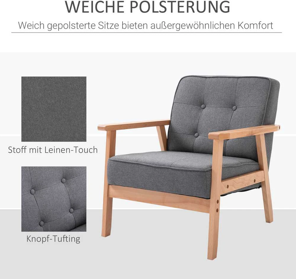 HOMCOM viengubas sofa-lovelis, minkštas fotelis su porankiais, medinis rėmas, linas, pilkas, 64,5x70x74cm