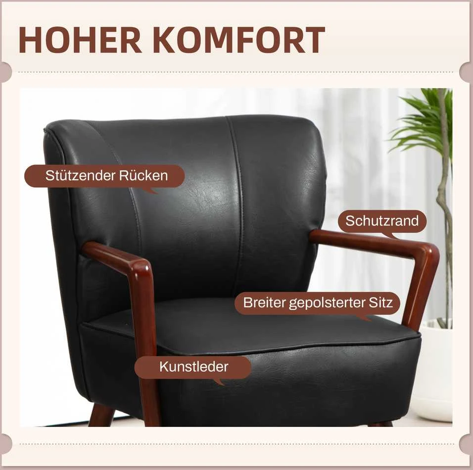 Fotelis HOMCOM minkšta kėdė, paminkštinta akcentinė kėdė su porankiais, medinės kojos, poilsio kėdė svetainei, miegamajam, dirbtinė oda, juoda, 67 x 77 x 80 cm | Aosom