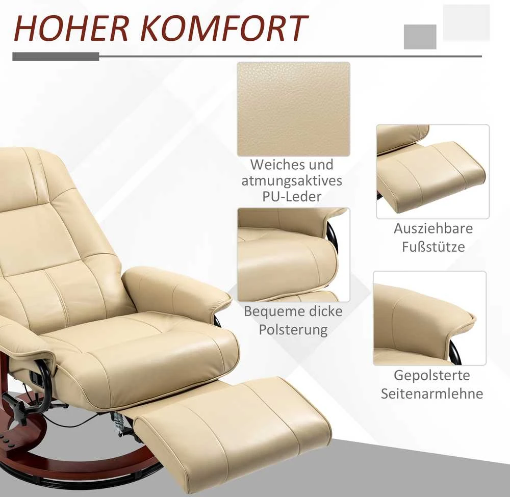 HOMCOM poilsio kėdė, TV fotelis su atlošimo funkcija, kojų atrama, 360° besisukantis fotelis su medinėmis kojelėmis, svetainei, dirbtinė oda, kreminė balta