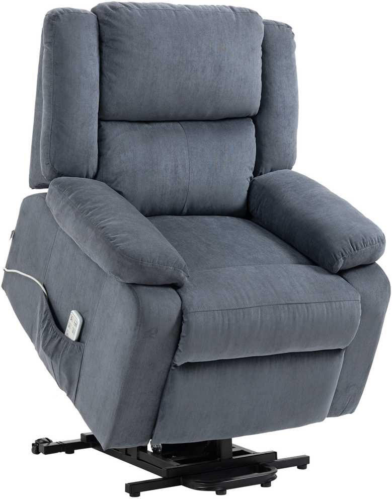 Fotelis HOMCOM elektrinis krėslas su atsistojimo funkcija, gulimoji padėtis, nuotolinio valdymo pultelis, aksominė tekstūra, pilka spalva, 92 x 93 x 105 cm