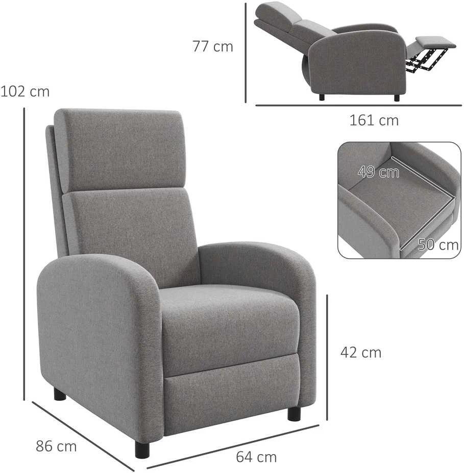 Fotelis HOMCOM poilsio krėslas, televizoriaus krėslas su atlošimo funkcija, paminkštintas, lininio audinio išvaizda, su kojų atrama, apkrova iki 120 kg, svetainei, pilkas
