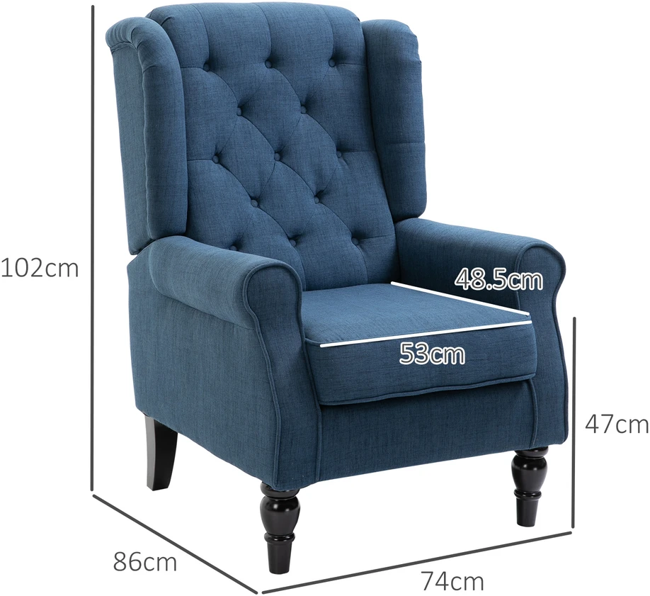 HOMCOM fotelis su „Tufting“ dekoru, aukštu atlošu, paminkštintas poilsio fotelis su užapvalintais porankiais, medinėmis kojelėmis, miegamajam, svetainei, iki 160 kg, mėlynas