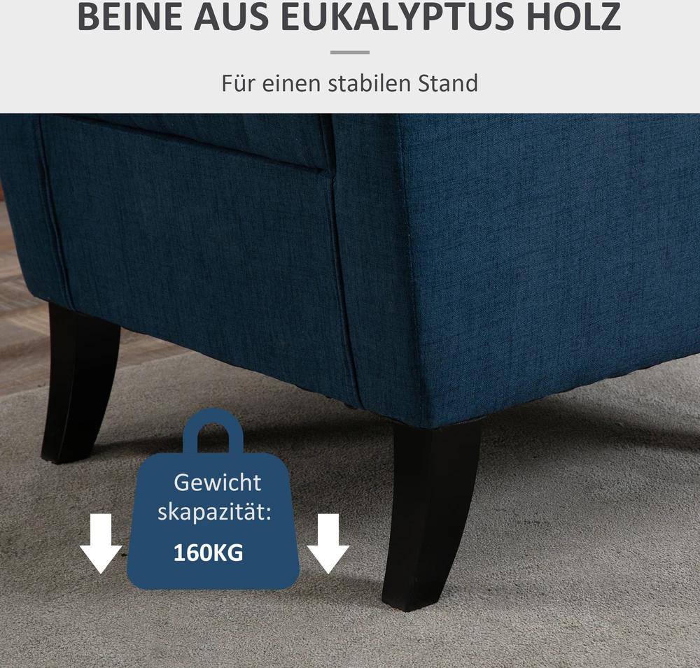 HOMCOM fotelis su „Tufting“ dekoru, aukštu atlošu, paminkštintas poilsio fotelis su užapvalintais porankiais, medinėmis kojelėmis, miegamajam, svetainei, iki 160 kg, mėlynas