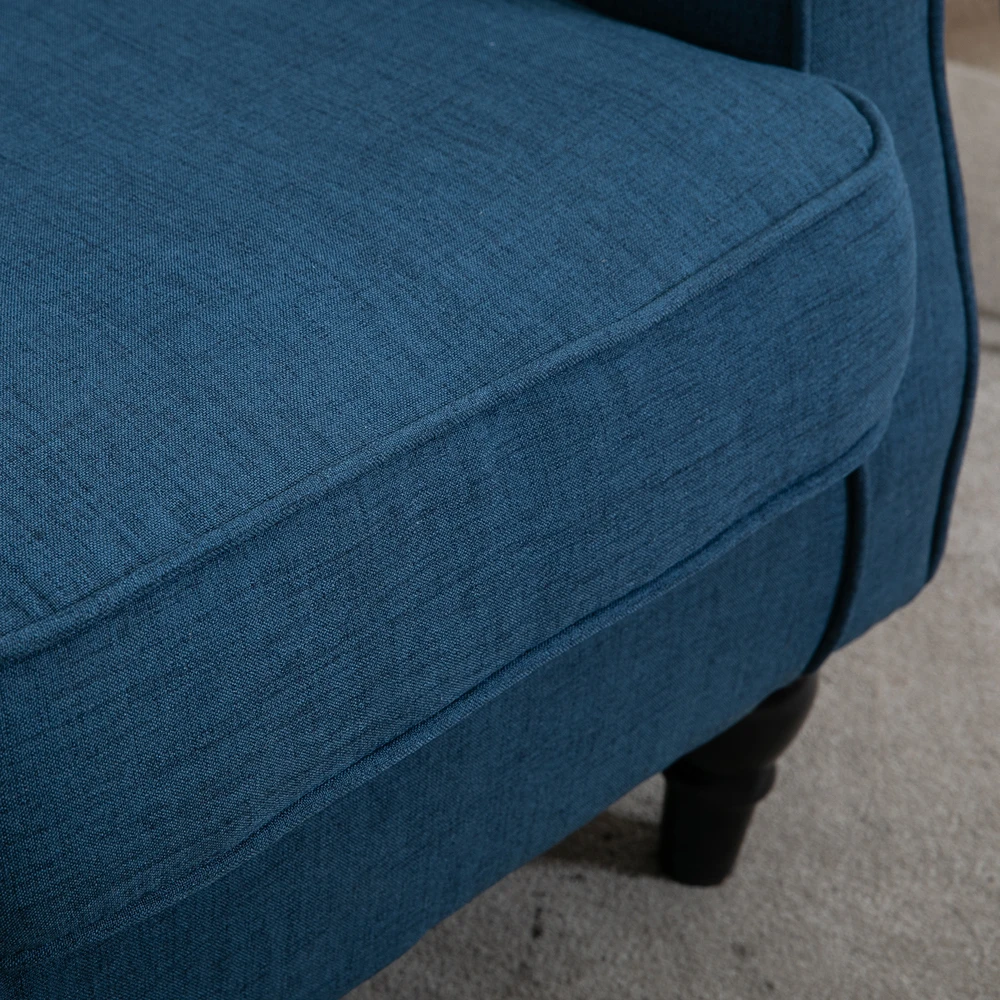 HOMCOM fotelis su „Tufting“ dekoru, aukštu atlošu, paminkštintas poilsio fotelis su užapvalintais porankiais, medinėmis kojelėmis, miegamajam, svetainei, iki 160 kg, mėlynas