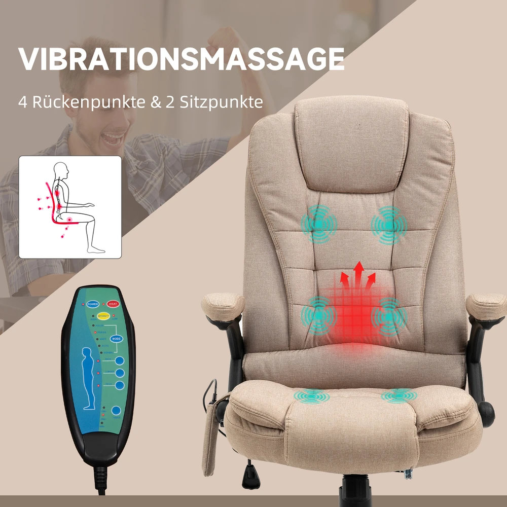 Biuro kėdė Vinsetto su vibraciniu masažu, ergonomiška darbo kėdė su šildymo ir atlošimo funkcijomis, reguliuojamo aukščio vadovo kėdė su nuotolinio valdymo pulteliu, šonine kišene, lino išvaizdos, ruda