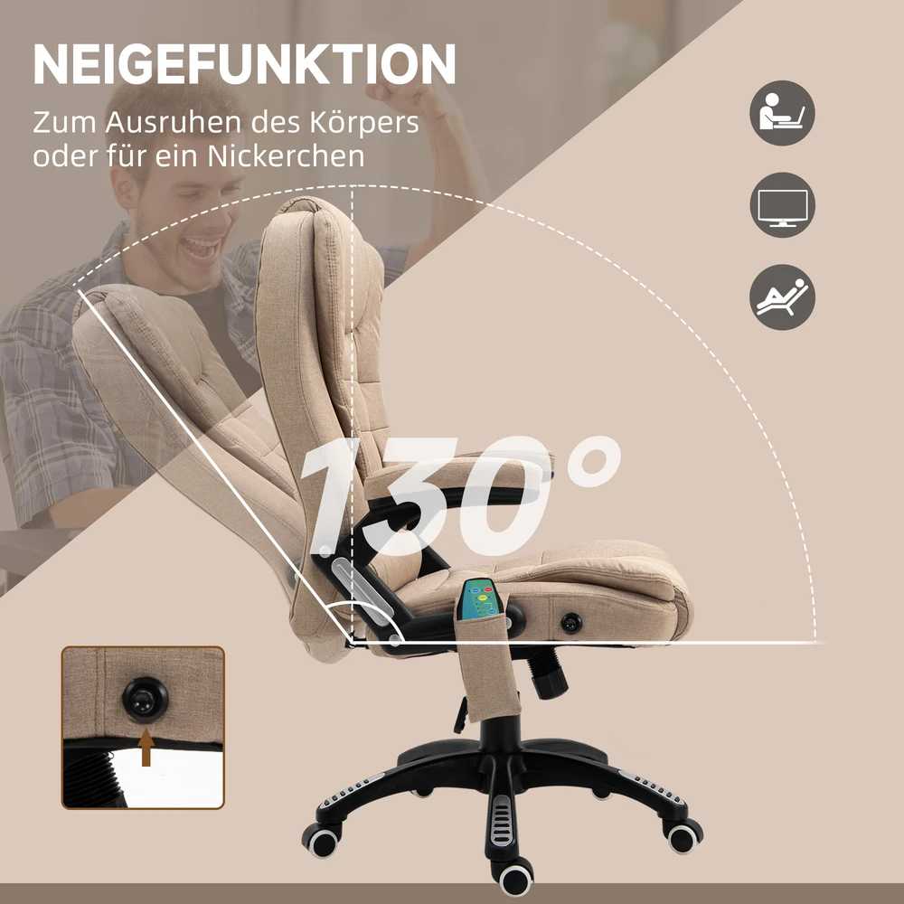 Biuro kėdė Vinsetto su vibraciniu masažu, ergonomiška darbo kėdė su šildymo ir atlošimo funkcijomis, reguliuojamo aukščio vadovo kėdė su nuotolinio valdymo pulteliu, šonine kišene, lino išvaizdos, ruda