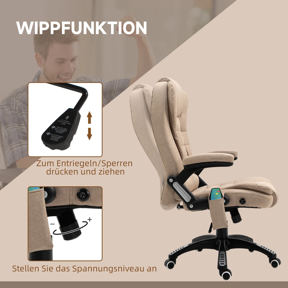 Biuro kėdė Vinsetto su vibraciniu masažu, ergonomiška darbo kėdė su šildymo ir atlošimo funkcijomis, reguliuojamo aukščio vadovo kėdė su nuotolinio valdymo pulteliu, šonine kišene, lino išvaizdos, ruda