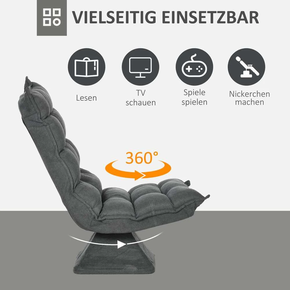 HOMCOM grindų kėdė, grindų sofa su reguliuojamu atlošu, besisukantis poilsio krėslas, sėdmaišis svetainei, biurui, mikropluoštas, pilka