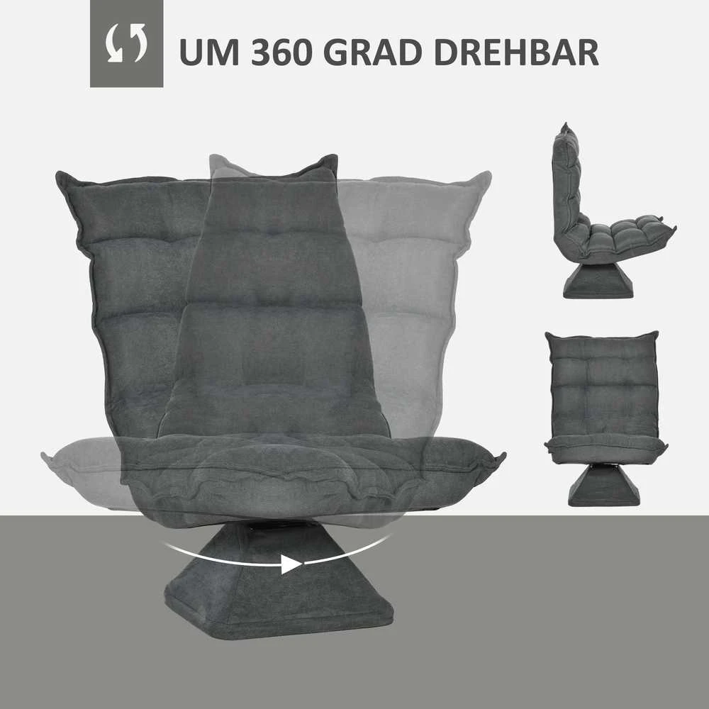 HOMCOM grindų kėdė, grindų sofa su reguliuojamu atlošu, besisukantis poilsio krėslas, sėdmaišis svetainei, biurui, mikropluoštas, pilka
