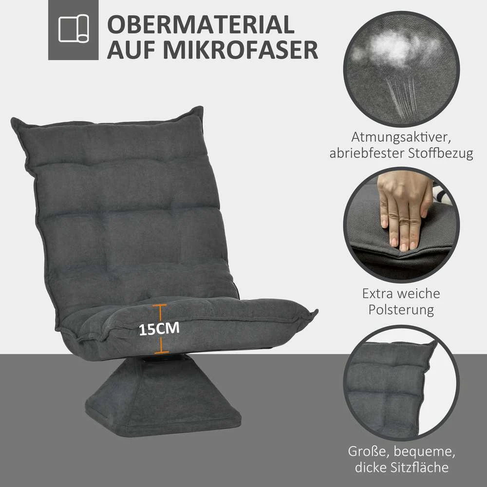 HOMCOM grindų kėdė, grindų sofa su reguliuojamu atlošu, besisukantis poilsio krėslas, sėdmaišis svetainei, biurui, mikropluoštas, pilka