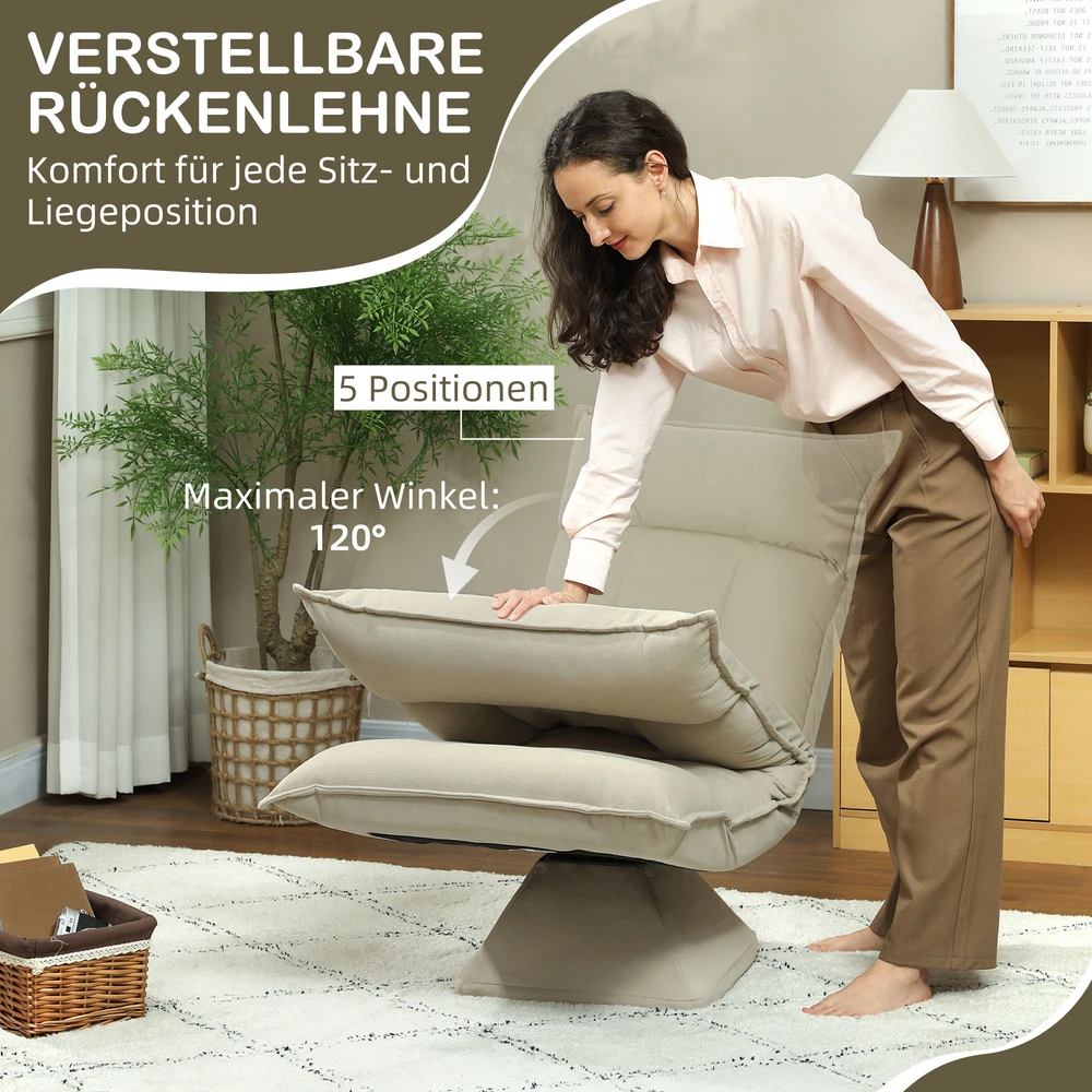 HOMCOM grindinis krėslas, 360° besisukantis, 5 padėčių reguliuojamas atlošas, sulankstoma grindų sofa, paminkštintas meditacijos krėslas, „Lazy Sofa“ svetainei, žaidimams ir skaitymui, smėlio spalvos