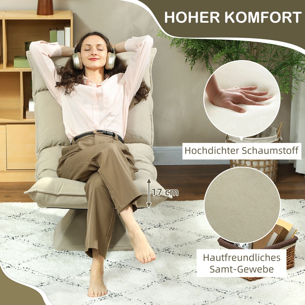 HOMCOM grindinis krėslas, 360° besisukantis, 5 padėčių reguliuojamas atlošas, sulankstoma grindų sofa, paminkštintas meditacijos krėslas, „Lazy Sofa“ svetainei, žaidimams ir skaitymui, smėlio spalvos