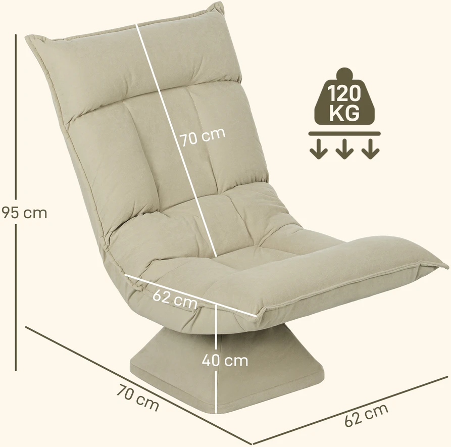 HOMCOM grindinis krėslas, 360° besisukantis, 5 padėčių reguliuojamas atlošas, sulankstoma grindų sofa, paminkštintas meditacijos krėslas, „Lazy Sofa“ svetainei, žaidimams ir skaitymui, smėlio spalvos