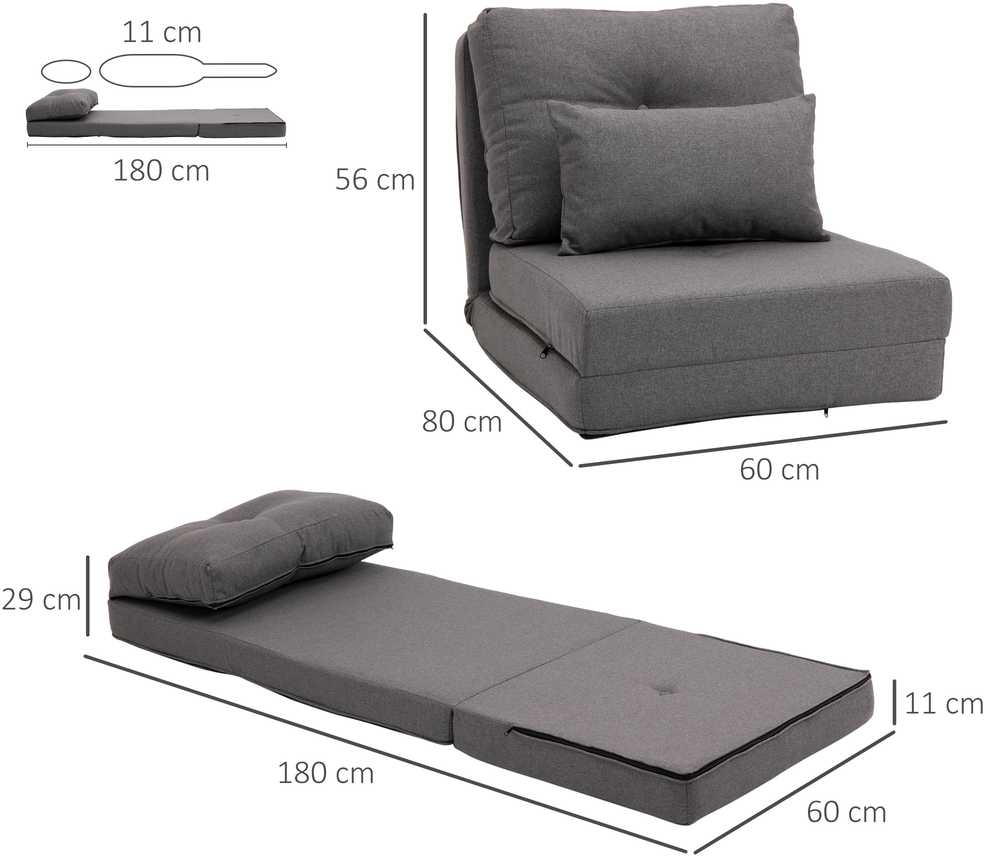 HOMCOM grindų fotelis, 2-in-1 sulankstoma lova su reguliuojamu atlošu, grindų sofa su dekoratyvine pagalve, lininis, grindų sėdmaišis