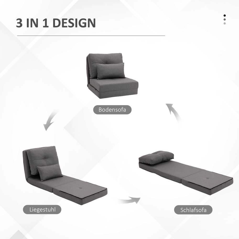 HOMCOM grindų fotelis, 2-in-1 sulankstoma lova su reguliuojamu atlošu, grindų sofa su dekoratyvine pagalve, lininis, grindų sėdmaišis