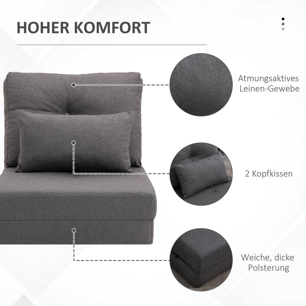 HOMCOM grindų fotelis, 2-in-1 sulankstoma lova su reguliuojamu atlošu, grindų sofa su dekoratyvine pagalve, lininis, grindų sėdmaišis