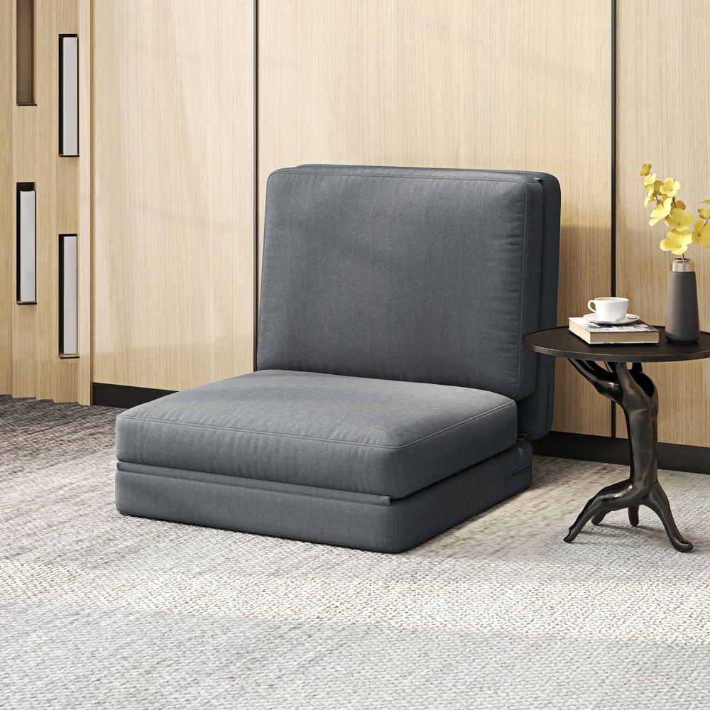 Fotelis HOMCOM 3-in-1 sulankstoma grindų sofa, aksominė išvaizda, paminkštinta sofa-lova, iki 240 kg apkrova, miegamajam, svetainei, tamsiai pilka