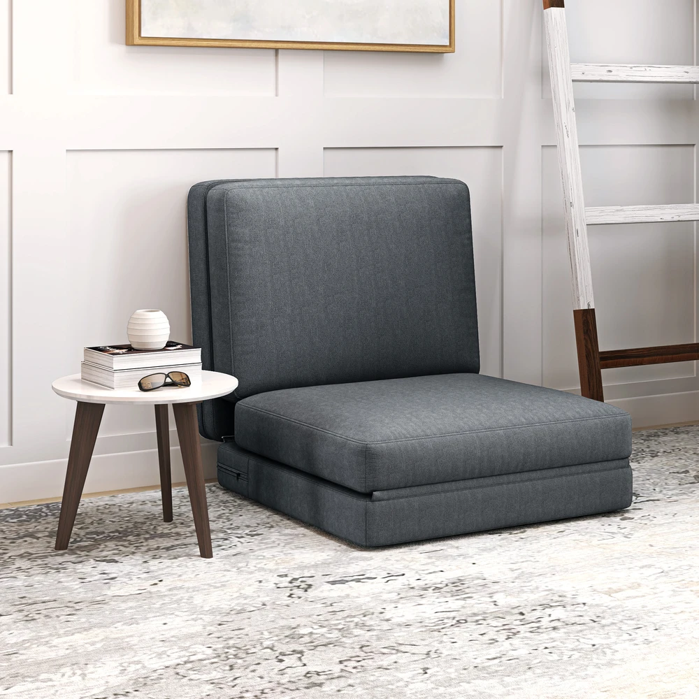 Fotelis HOMCOM 3-in-1 sulankstoma grindų sofa, aksominė išvaizda, paminkštinta sofa-lova, iki 240 kg apkrova, miegamajam, svetainei, tamsiai pilka