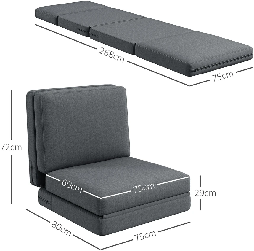 Fotelis HOMCOM 3-in-1 sulankstoma grindų sofa, aksominė išvaizda, paminkštinta sofa-lova, iki 240 kg apkrova, miegamajam, svetainei, tamsiai pilka