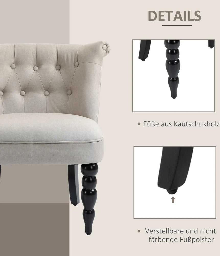 Fotelis HOMCOM poilsio kėdė vintažinė, su paminkštinimu, valgomojo kėdė, lininis užvalkalas, medinis rėmas, smėlio ir juodos spalvos, 67 x 67 x 78 cm