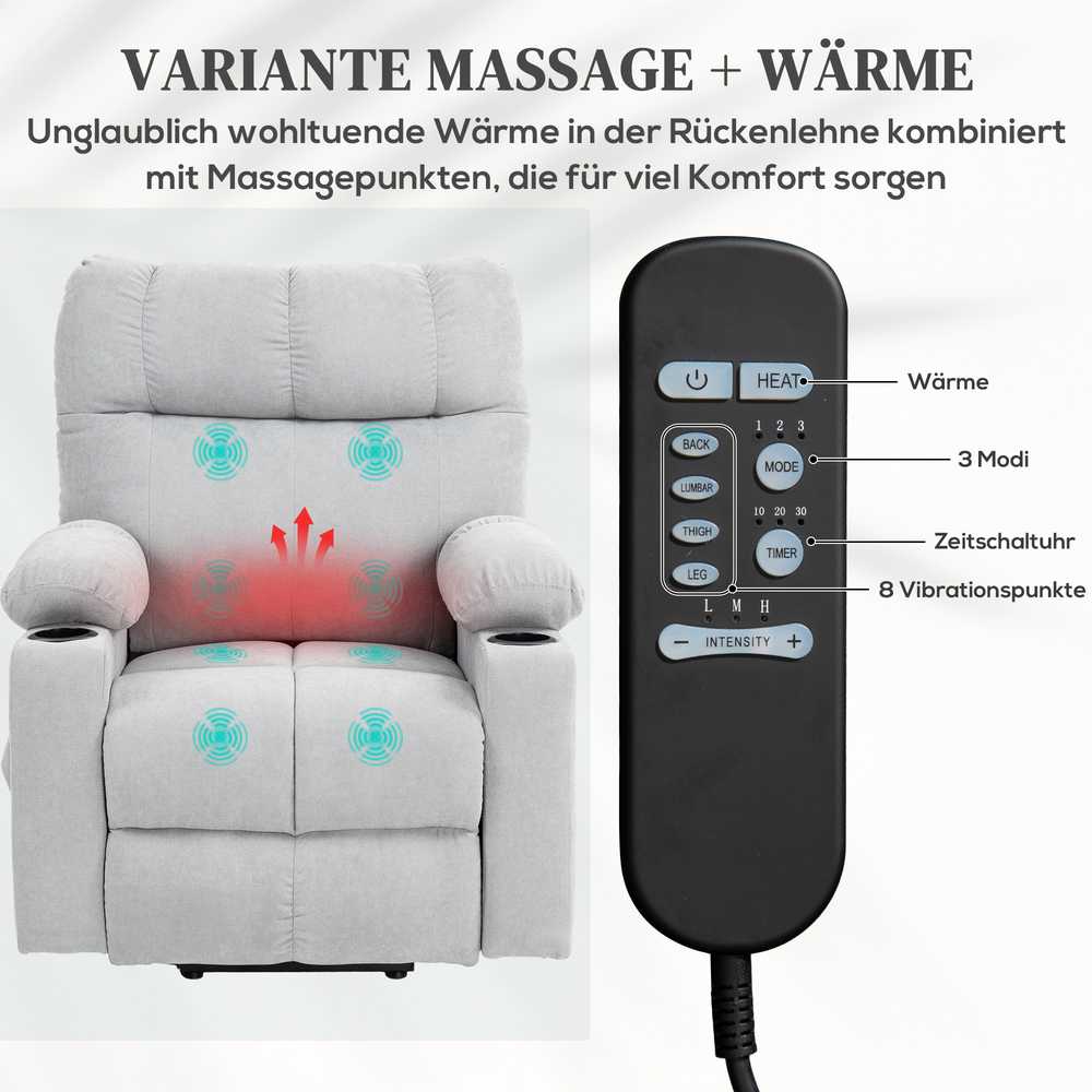 HOMCOM fotelis su atsistojimo funkcija, elektrinis masažinis krėslas, TV krėslas su šildymu, šviesiai pilkas, 91 x 95 x 109 cm