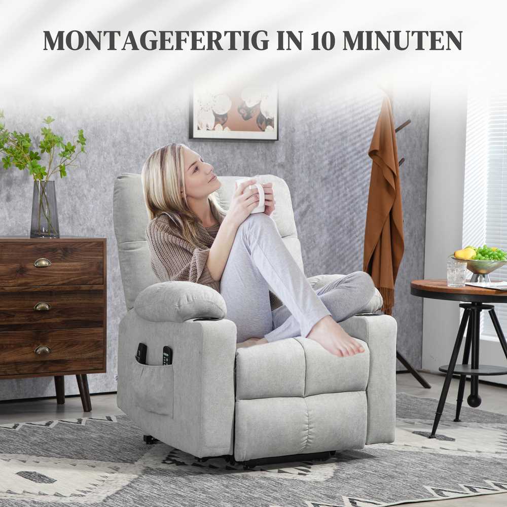 HOMCOM fotelis su atsistojimo funkcija, elektrinis masažinis krėslas, TV krėslas su šildymu, šviesiai pilkas, 91 x 95 x 109 cm