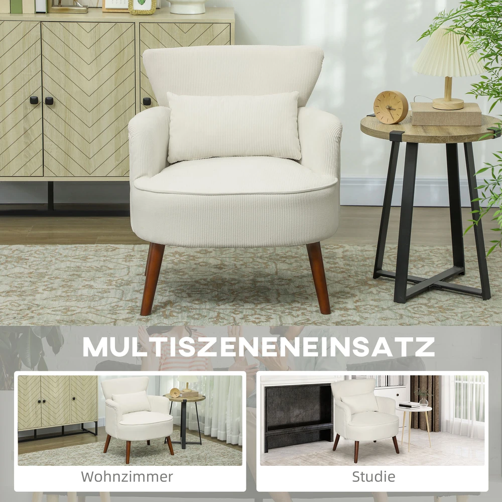 HOMCOM fotelis su atlošu, užapvalintais porankiais, paminkštintas, vagelių audinio išvaizdos, medinėmis kojelėmis, miegamajam, svetainei, iki 120 kg, kreminės baltos spalvos