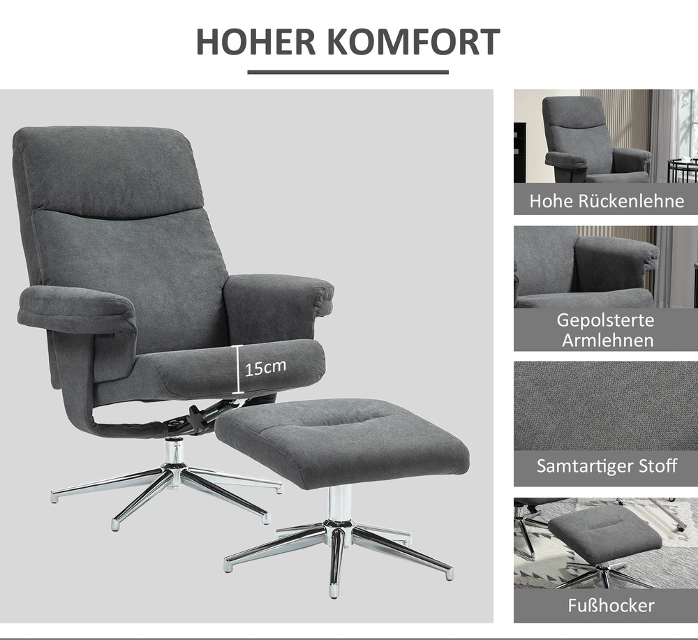 Fotelis HOMCOM poilsio kėdė su pakoja, paminkštinta TV kėdė su atlošimo funkcija, aksominės išvaizdos kėdė, atlaikanti iki 150 kg, svetainei, miegamajam, tamsiai pilka