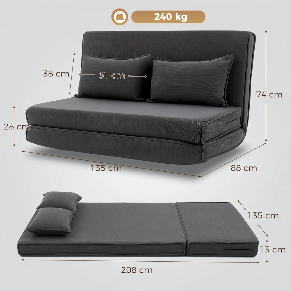Fotelis-lova 3 in 1, 5 padėčių atlošas, tamsiai pilkas, 135 × 88 × 74 cm