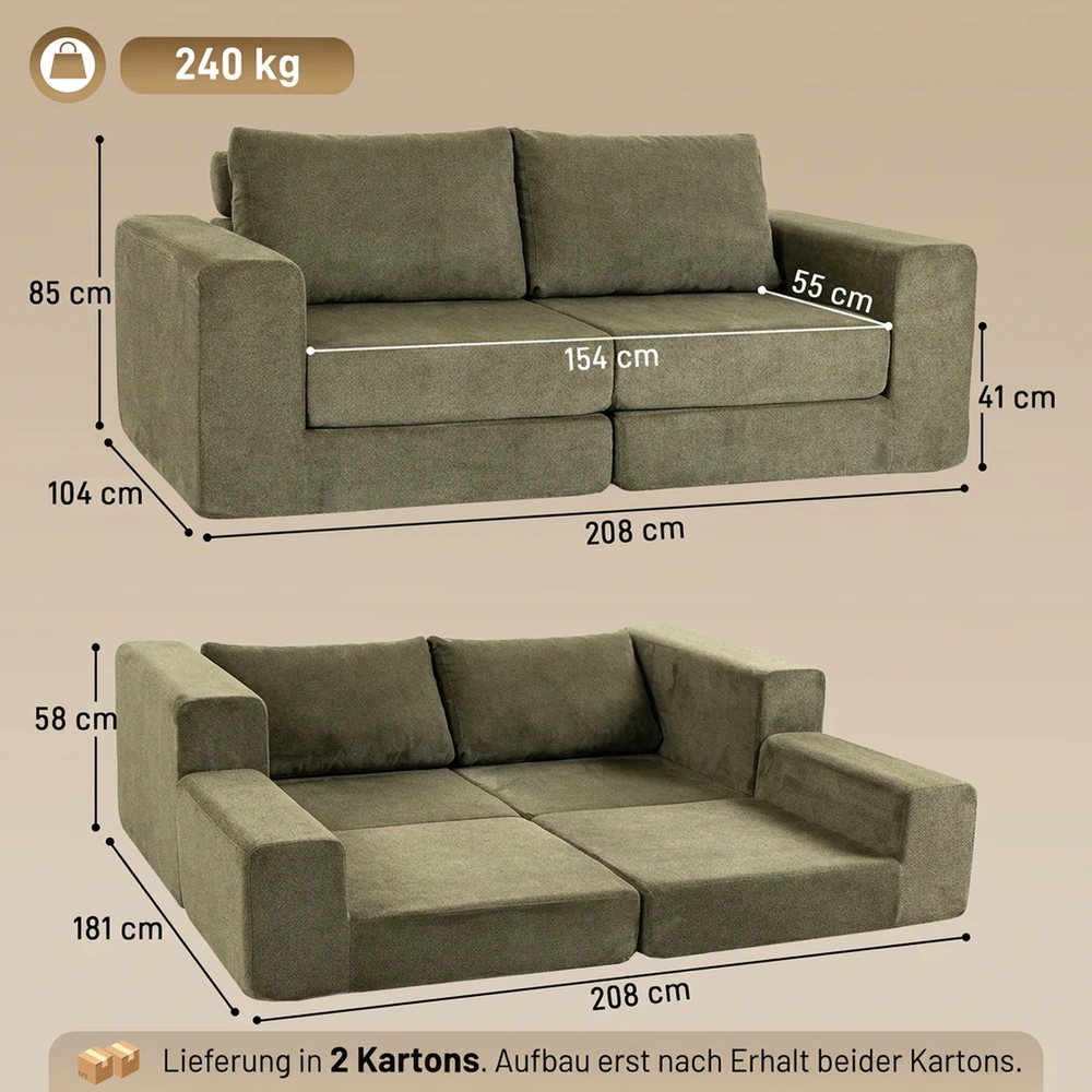 Fotelis-lova 4 viename, dvivietis, žalias, 208 × 104 × 85 cm