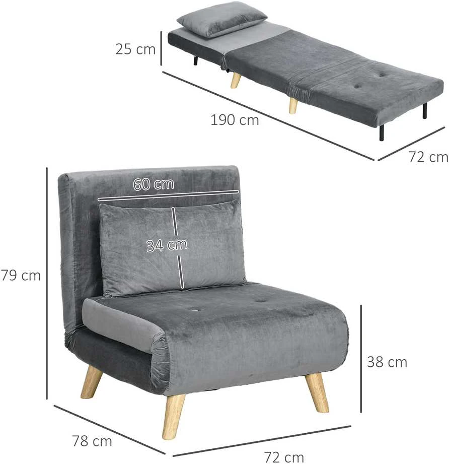 HOMCOM išskleidžiamas fotelis, fotelis-lova su pagalve, svečių lova su reguliuojamu atlošu, aksominė išvaizda, iki 125 kg, pilkas