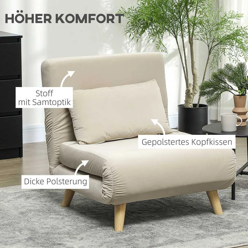 HOMCOM išskleidžiamas fotelis, fotelis su lovos funkcija, dekoratyvinė pagalvė, sulankstomas poilsio fotelis su reguliuojamu atlošu, aksominė išvaizda, svetainei, smėlio spalvos