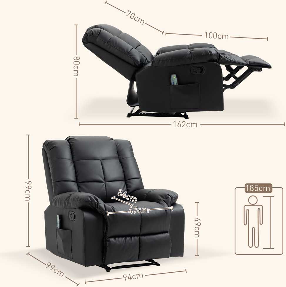 Fotelis HOMCOM masažinis krėslas televizoriaus krėslas elektrinis relaksacinis krėslas su masažo funkcija dirbtinė oda medis plienas porolonas juodas 94 x 99 x 99 cm