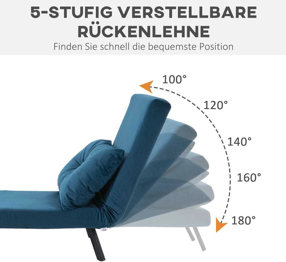 Fotelis HOMCOM išskleidžiama sofa-lova, poilsio kėdė su lovos funkcija, svečių lova, aksominė, reguliuojamas atlošas, mėlyna, 63x73x81 cm