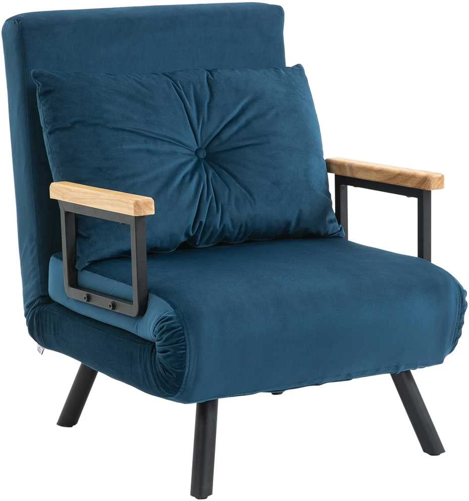 Fotelis HOMCOM išskleidžiama sofa-lova, poilsio kėdė su lovos funkcija, svečių lova, aksominė, reguliuojamas atlošas, mėlyna, 63x73x81 cm