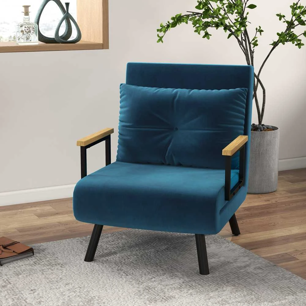 Fotelis HOMCOM išskleidžiama sofa-lova, poilsio kėdė su lovos funkcija, svečių lova, aksominė, reguliuojamas atlošas, mėlyna, 63x73x81 cm