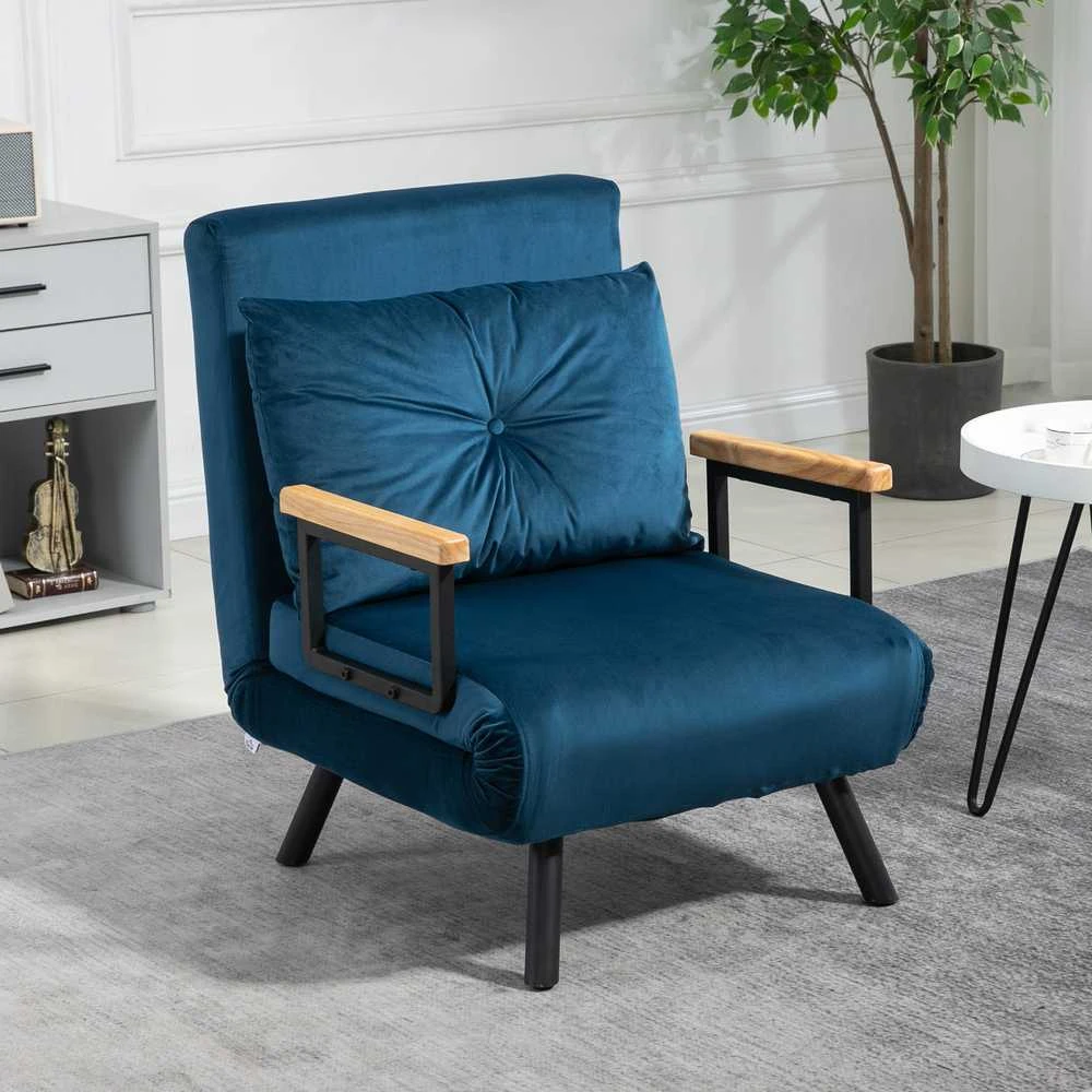 Fotelis HOMCOM išskleidžiama sofa-lova, poilsio kėdė su lovos funkcija, svečių lova, aksominė, reguliuojamas atlošas, mėlyna, 63x73x81 cm
