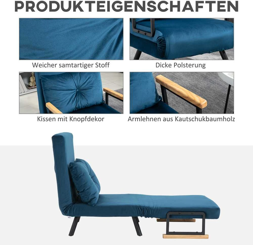 Fotelis HOMCOM išskleidžiama sofa-lova, poilsio kėdė su lovos funkcija, svečių lova, aksominė, reguliuojamas atlošas, mėlyna, 63x73x81 cm
