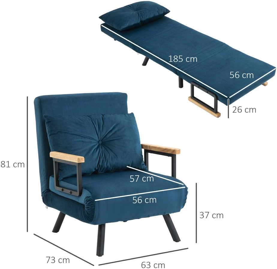 Fotelis HOMCOM išskleidžiama sofa-lova, poilsio kėdė su lovos funkcija, svečių lova, aksominė, reguliuojamas atlošas, mėlyna, 63x73x81 cm