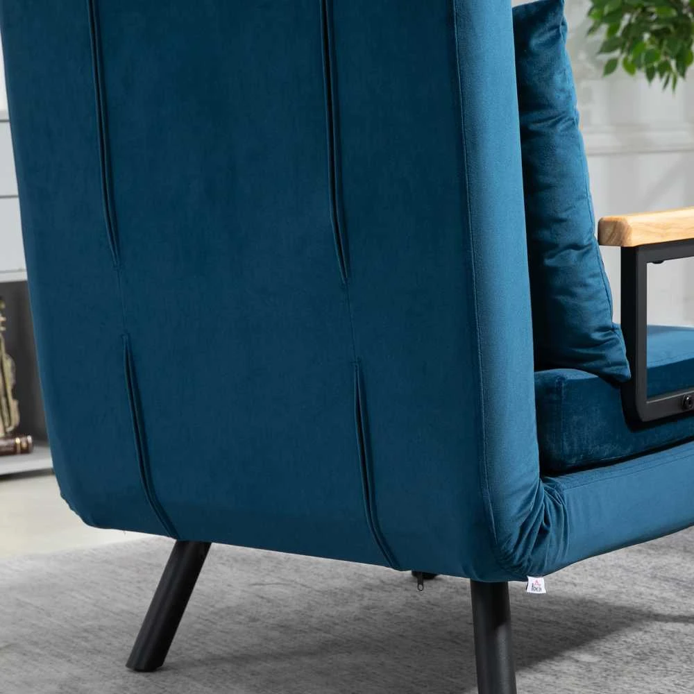 Fotelis HOMCOM išskleidžiama sofa-lova, poilsio kėdė su lovos funkcija, svečių lova, aksominė, reguliuojamas atlošas, mėlyna, 63x73x81 cm