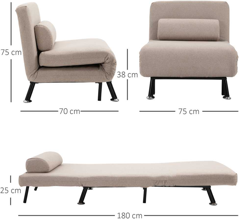 HOMCOM miegamasis fotelis, transformuojamas fotelis-lova, su pagalve, linų imitacijos audinys, reguliuojama nugaros atrama, apkrova iki 150 kg, svetainei, smėlio spalvos