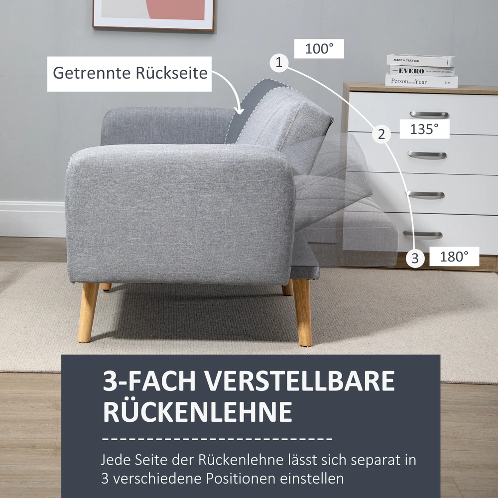 HOMCOM skandinaviško dizaino sofa-lova 2 asmenims, 3 kryptimis reguliuojamas atlošas, gumos medžio kojos, pilkos spalvos lininis audinys