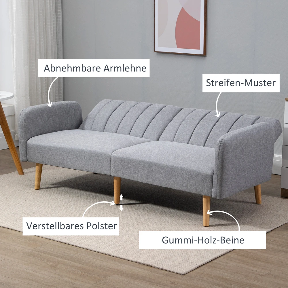 HOMCOM skandinaviško dizaino sofa-lova 2 asmenims, 3 kryptimis reguliuojamas atlošas, gumos medžio kojos, pilkos spalvos lininis audinys