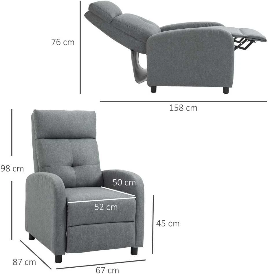 HOMCOM poilsio krėslas, fotelis su atlošimo funkcija, TV krėslas su lino imitacija, paminkštintas krėslas su kišeninėmis spyruoklėmis, atlaiko iki 150 kg, pilkas