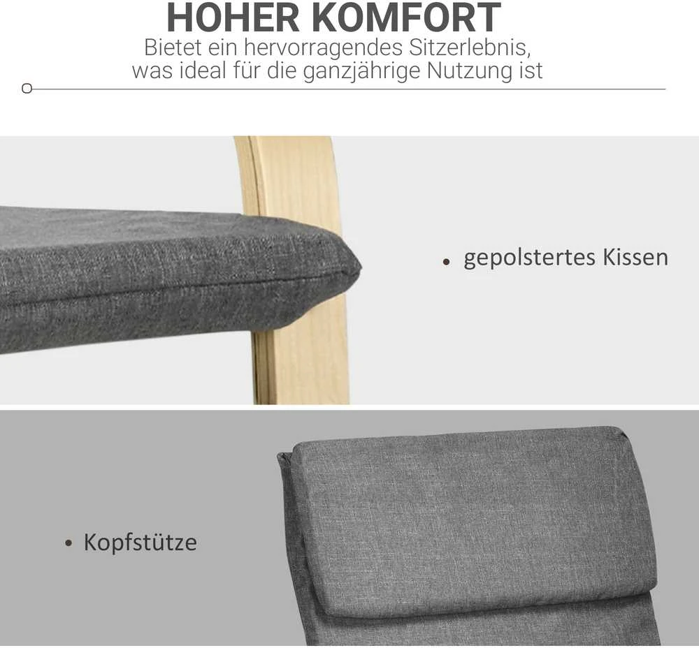 Fotelis HOMCOM poilsio kėdė, supama kėdė su pagalve, lino išvaizdos, beržo mediena, tamsiai pilka