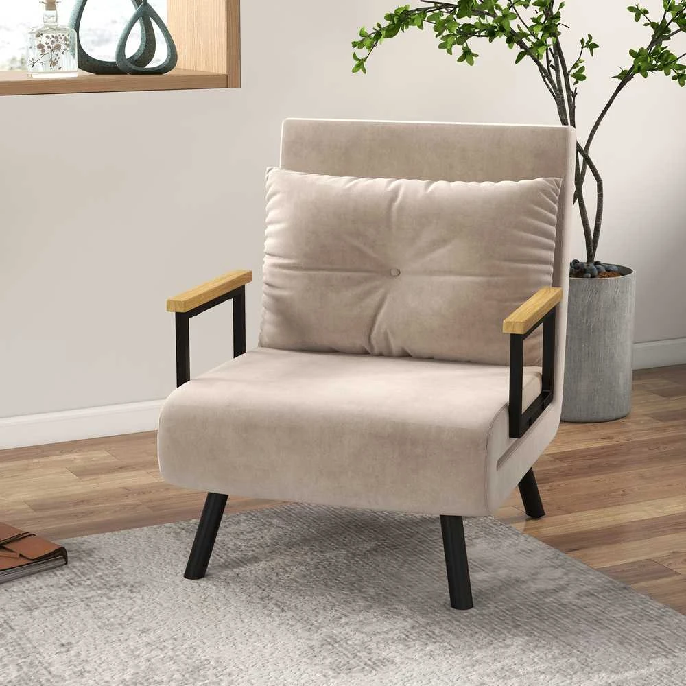 HOMCOM sofa lova, poilsio fotelis su miegamąja funkcija, svečių lova su aksomo išvaizda, nugaros pagalvėlė, paminkštinta sofa su reguliuojamu atlošu, smėlio spalvos, 63 x 73 x 81 cm