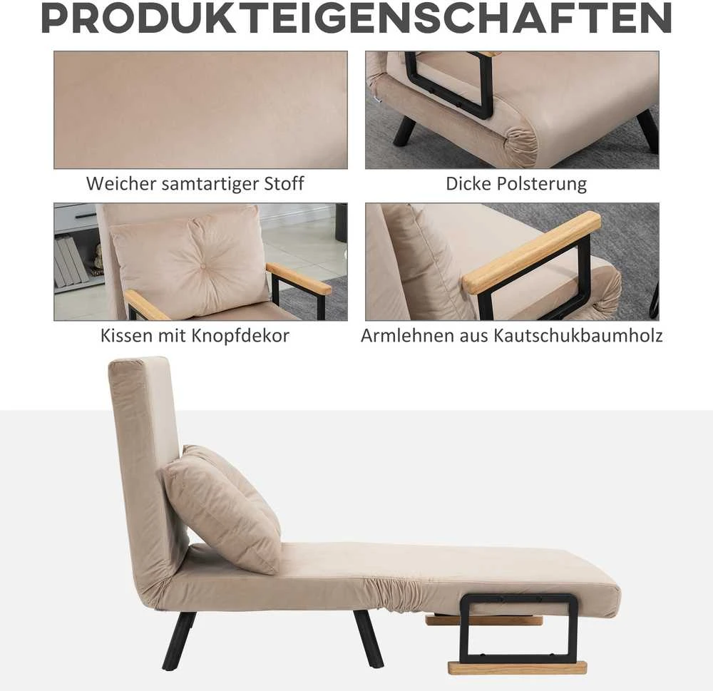 HOMCOM sofa lova, poilsio fotelis su miegamąja funkcija, svečių lova su aksomo išvaizda, nugaros pagalvėlė, paminkštinta sofa su reguliuojamu atlošu, smėlio spalvos, 63 x 73 x 81 cm