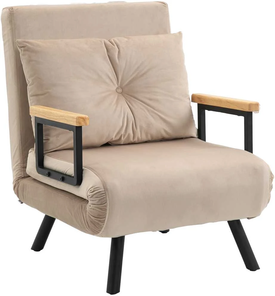 HOMCOM sofa lova, poilsio fotelis su miegamąja funkcija, svečių lova su aksomo išvaizda, nugaros pagalvėlė, paminkštinta sofa su reguliuojamu atlošu, smėlio spalvos, 63 x 73 x 81 cm