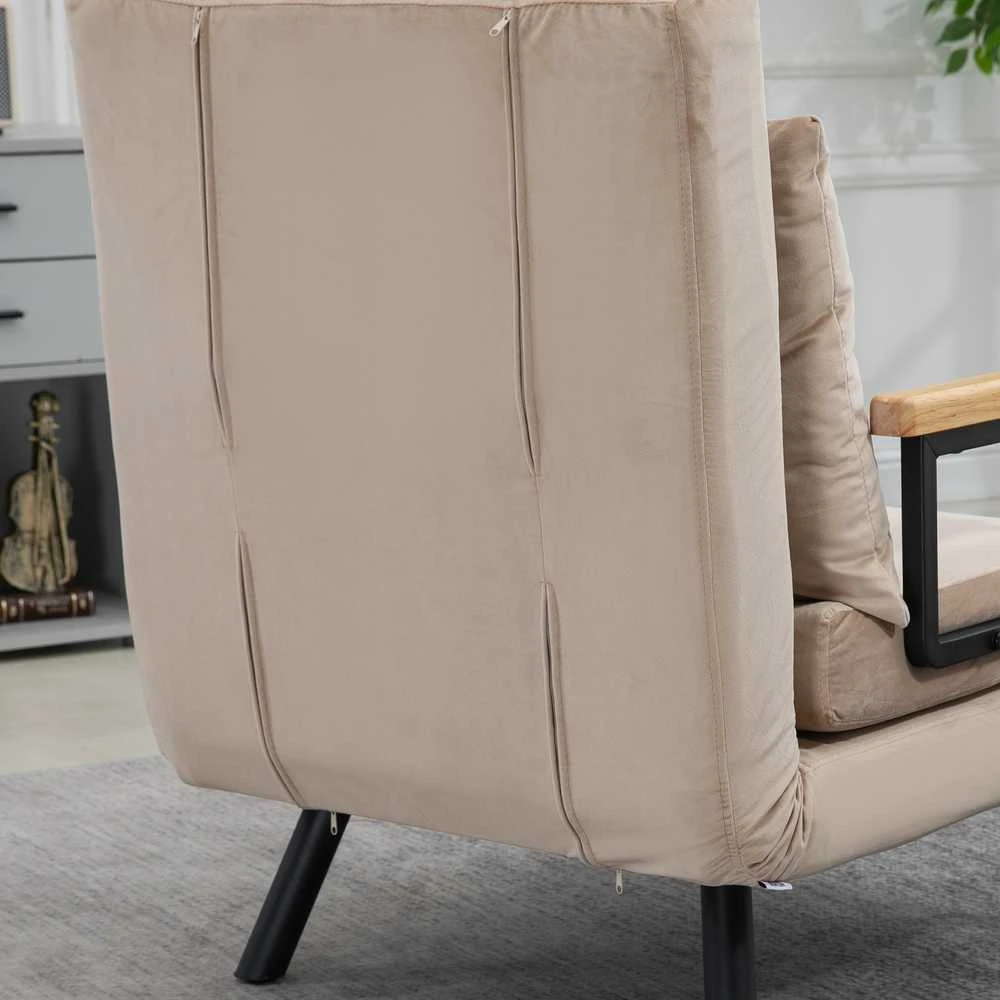 HOMCOM sofa lova, poilsio fotelis su miegamąja funkcija, svečių lova su aksomo išvaizda, nugaros pagalvėlė, paminkštinta sofa su reguliuojamu atlošu, smėlio spalvos, 63 x 73 x 81 cm